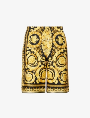 Versace Knee-length Black And Gold Silk Shorts With Barocco Print In Black Gold