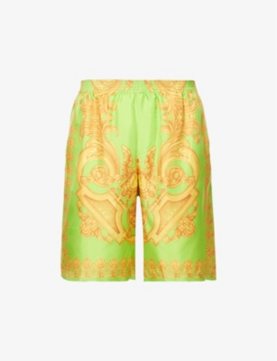 Versace Green And Gold Shorts With All-over Barrocco Print In Silk Man In Lime Gold