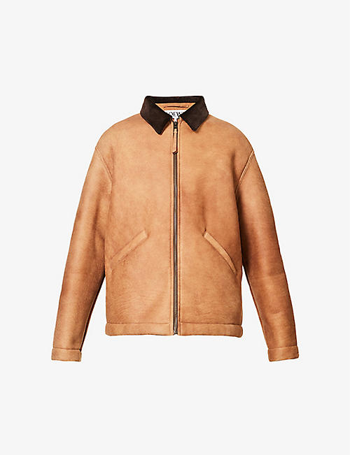 LOEWE: Shearling logo-embossed regular-fit grained-leather and cotton blend jacket