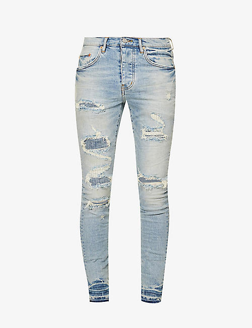 PURPLE BRAND: Distressed slim-fit tapered-leg stretch-denim jeans