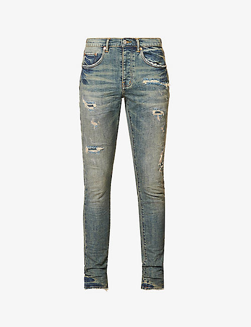 PURPLE BRAND: Distressed-panel slim-fit tapered stretch-denim jeans