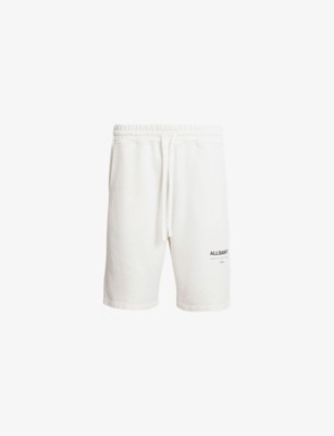 Shop Allsaints Men's Ashen White Underground Logo-print Organic-cotton Shorts