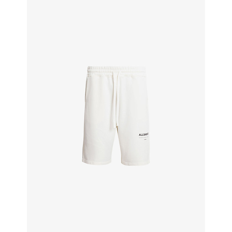 Shop Allsaints Men's Ashen White Underground Logo-print Organic-cotton Shorts
