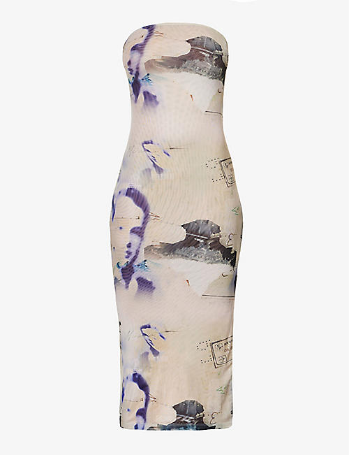 MIAOU: Lila 抽象印花修身版型再生聚酯纤维混纺中长连衣裙