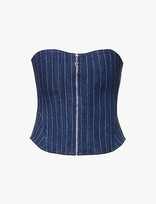 MIAOU: Riley strapless embroidered-pinstripe stretch-cotton blend corset top