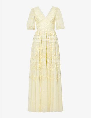 NEEDLE AND THREAD: Floral-embroidered flutter-sleeves woven maxi dress