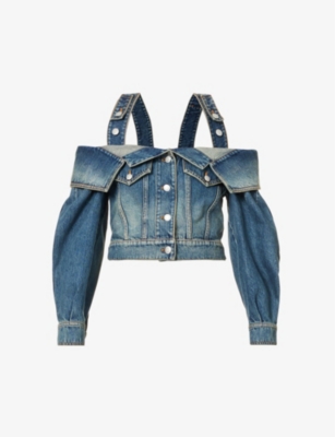 ALEXANDER MCQUEEN ALEXANDER MCQUEEN WOMEN'S DISTRESSED WASH HALTER-NECK CONTRAST-STITCH REGULAR-FIT DENIM JACKET,63461016