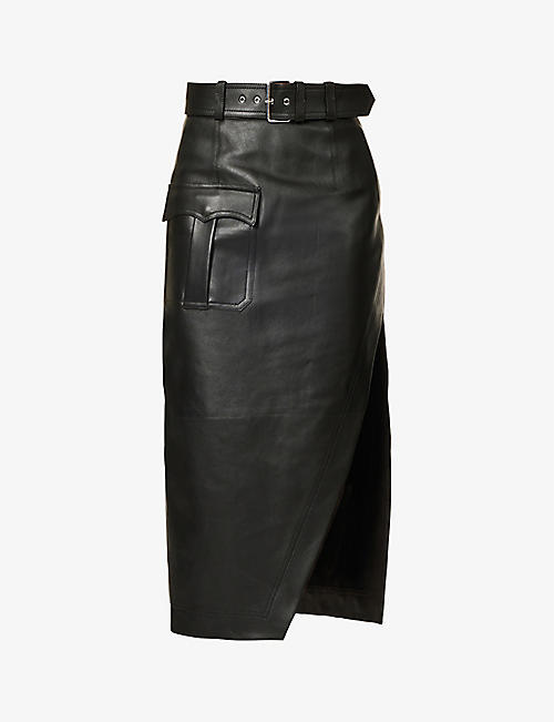 ALEXANDER MCQUEEN: Belted asymmetric-hem leather midi skirt