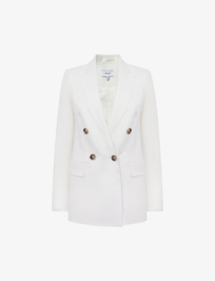 REISS REISS WOMEN'S WHITE HOLLIE DOUBLE-BREASTED LINEN-BLEND BLAZER JACKET,63463317