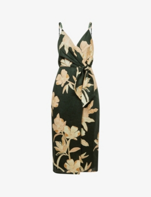 REISS REISS WOMENS KHAKI ALICE FLORAL-PRINT LINEN MIDI DRESS,63470209