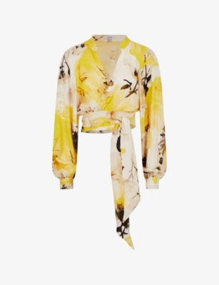 Reiss Odette Floral Print Cropped Tie Waist Top In Yellow ModeSens