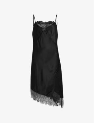Allsaints Womens Black Eldia Lace-trim Asymmetric-hem Silk-blend Mini Dress In Black