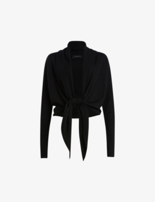 Allsaints Wasson Rib Open Front Wool Cardigan In Black