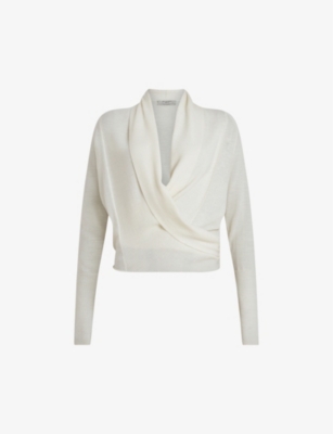 Shop Allsaints Women's Chalk White Wasson Draped Merino-wool Cardigan