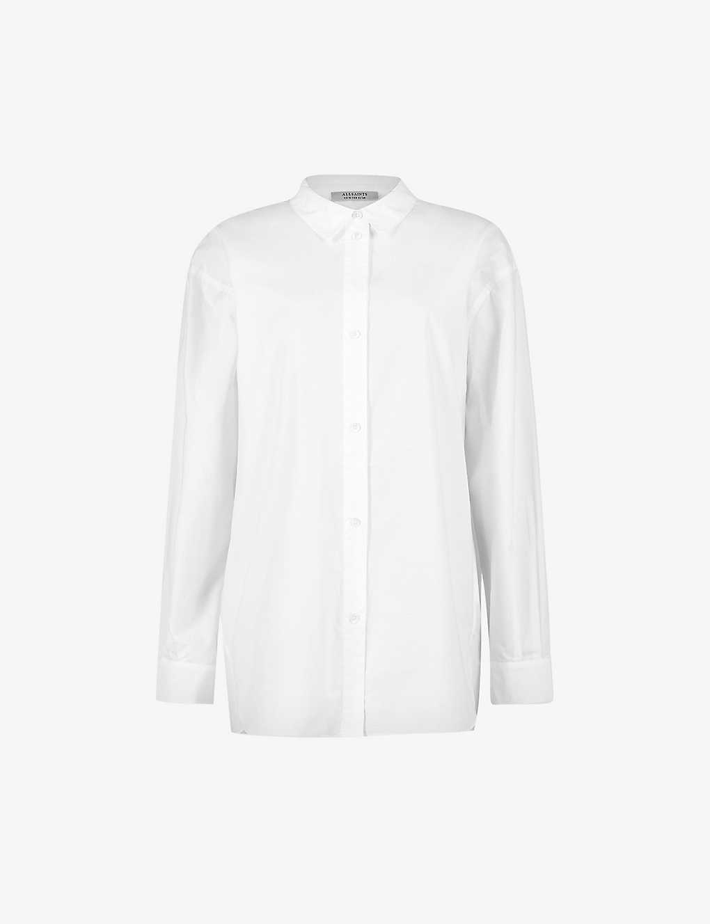 Allsaints Womens Optic White Sasha Split-hem Relaxed-fit Organic-cotton Shirt