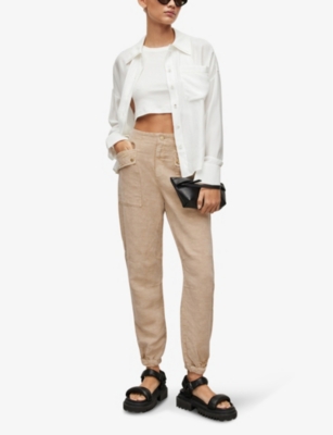 Shop Allsaints Women's Sand Brown Val Patch-pocket Tapered-fit High-rise Linen Blend Trousers