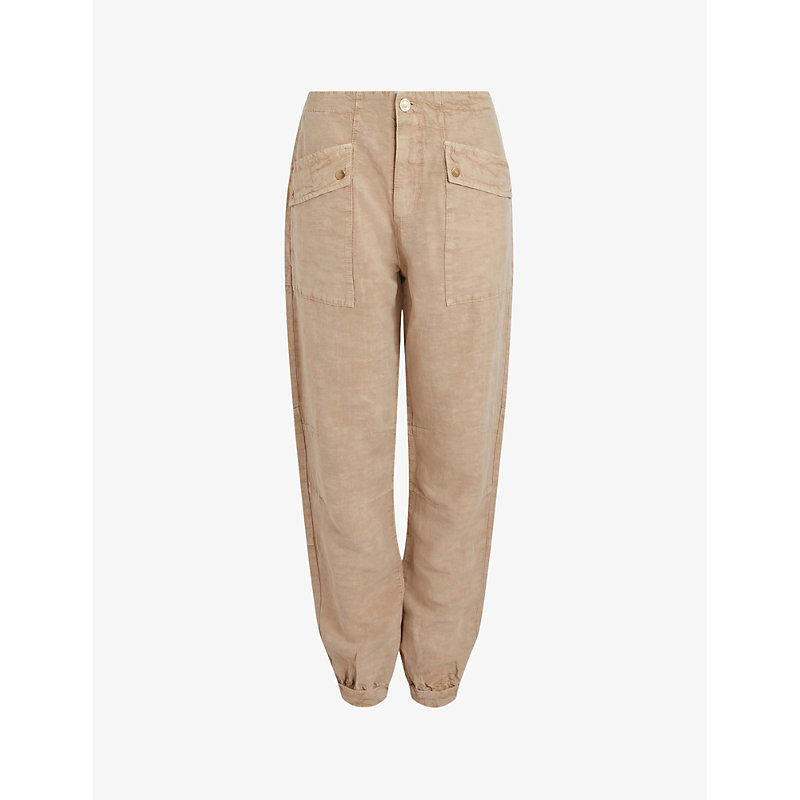 Shop Allsaints Women's Sand Brown Val Patch-pocket Tapered-fit High-rise Linen Blend Trousers