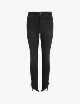 Allsaints Dax Frayed Asymmetric Hem Skinny Jeans In Washed Black