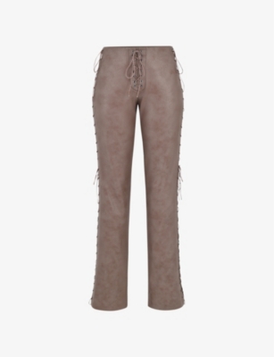 House Of Cb Womens Mocha Drew Lace-up Faux-leather Trousers In Mocha