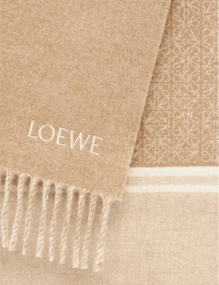 Loewe Womens  Anagram-embroidered Wool And Cashmere-blend Scarf In Camel/white
