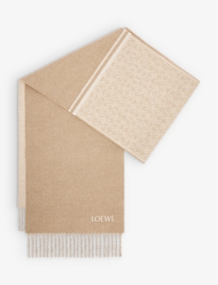 Loewe Womens  Anagram-embroidered Wool And Cashmere-blend Scarf In Camel/white