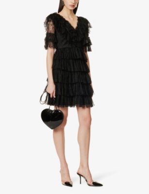 Shop By Malina Sky Lace-embellished Tiered Woven Mini Dress In Black