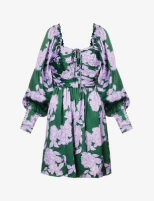 By Malina Womens Winter Floral Lilac Gigi Balloon-sleeve Woven Mini Dress In Winter Floral Lilac