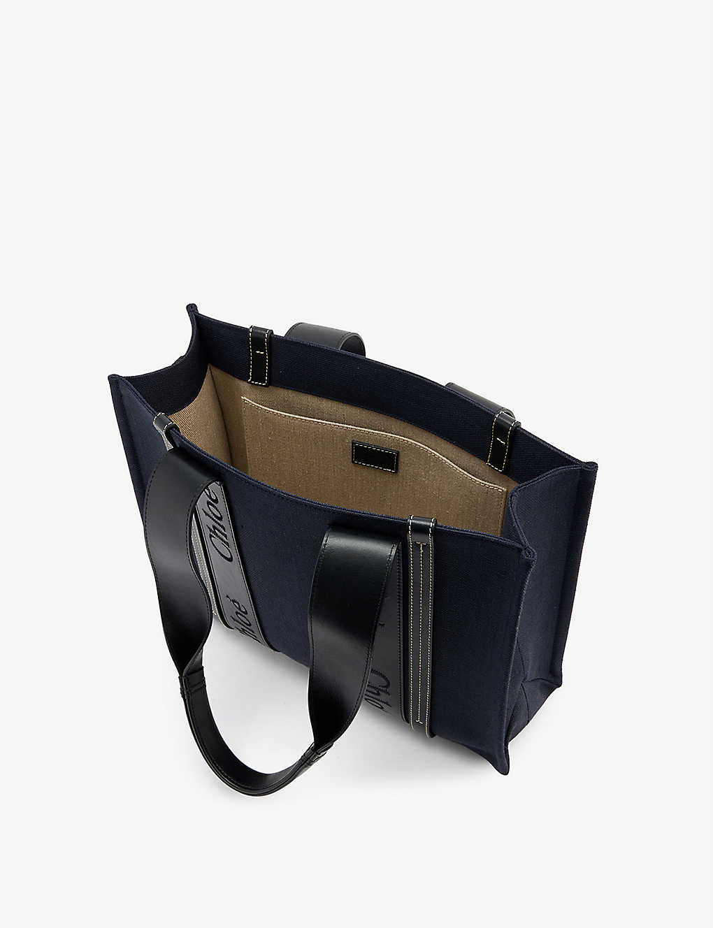 CHLOE Woody medium logo-embellished woven linen tote bag