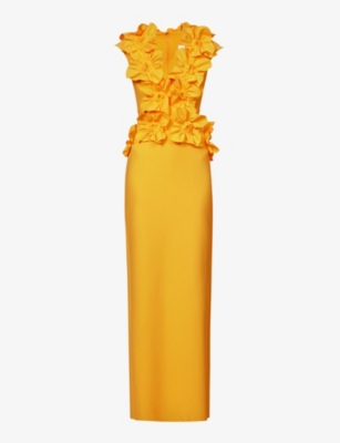GRETA CONSTANTINE: Floral-embellished split-hem stretch-woven maxi dress