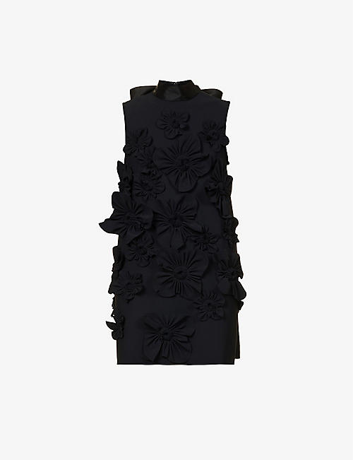 GRETA CONSTANTINE: Floral-embellished A-line stretch-woven mini dress