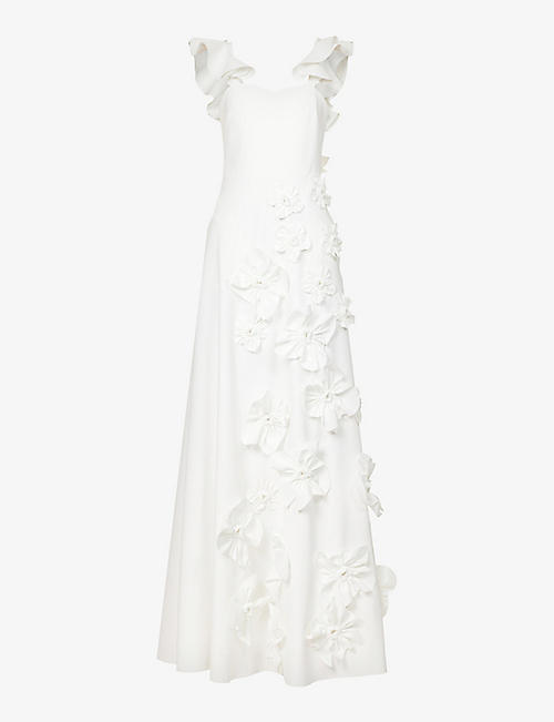 GRETA CONSTANTINE: Floral-embellished sweetheart-neck stretch-woven maxi dress