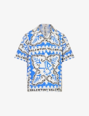 VALENTINO VALENTINO MEN'S BANDANA BLU BANDANA-PRINT CAMP-COLLAR REGULAR-FIT COTTON-POPLIN SHIRT,63519052