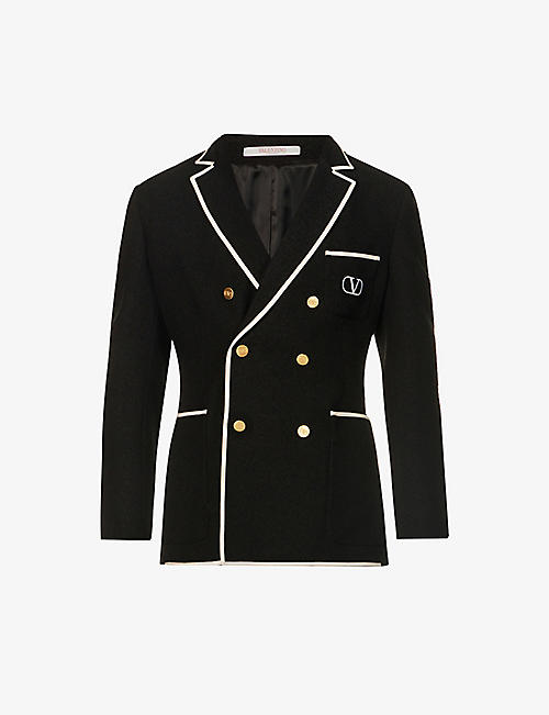 VALENTINO: Double-breasted brand-appliqué contrast-trim wool-blend jacket