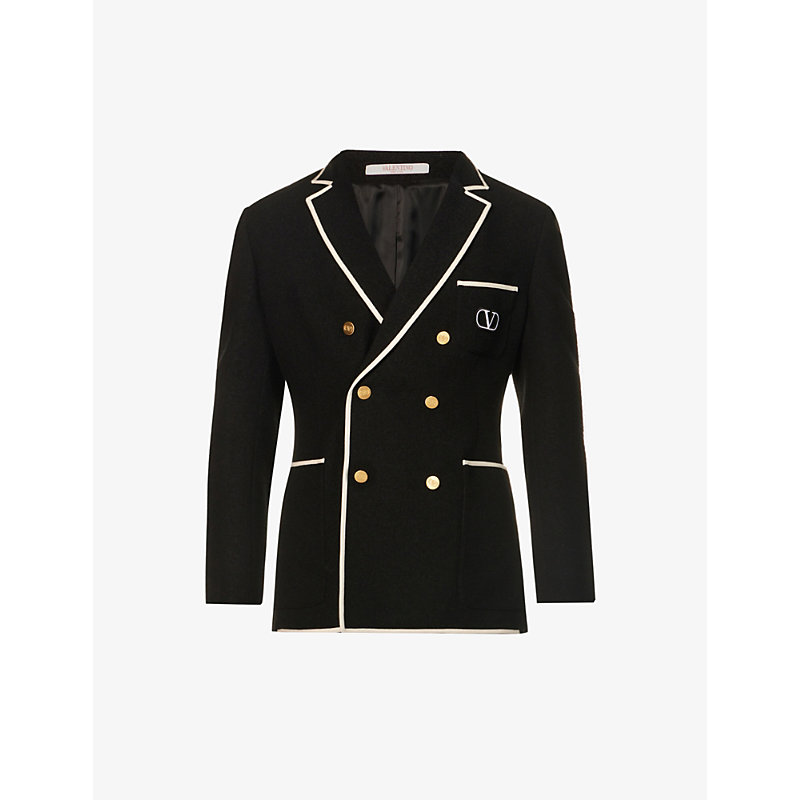 VALENTINO DOUBLE-BREASTED BRAND-APPLIQUÉ CONTRAST-TRIM WOOL-BLEND JACKET,63519526