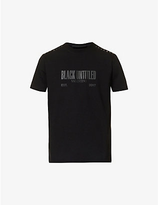 VALENTINO: Black Untitled stud-embellished cotton-jersey T-shirt