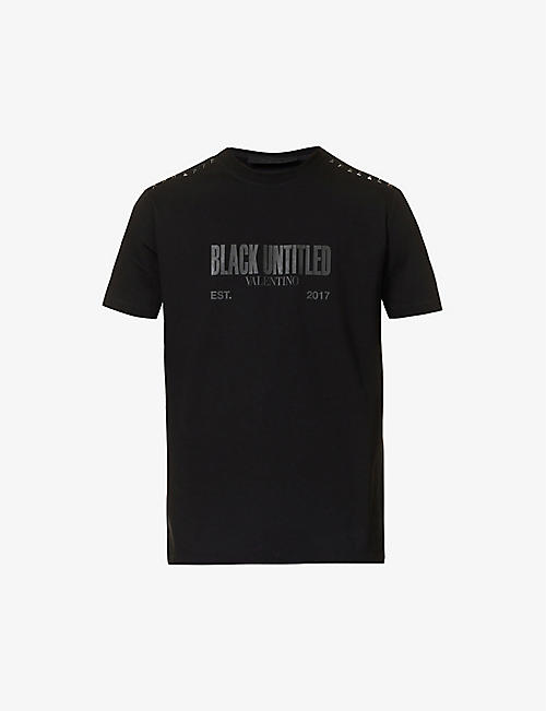 VALENTINO：Black Untitled 铆钉缀饰平纹针织棉 T 恤