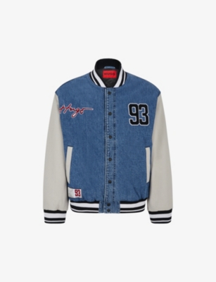 HUGO - Signature-trim denim varsity jacket with contrast sleeves