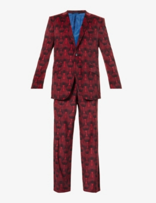 OZWALD BOATENG OZWALD BOATENG MEN'S RED TRIBAL-PATTERN NOTCHED-LAPEL VELVET SUIT 63535502