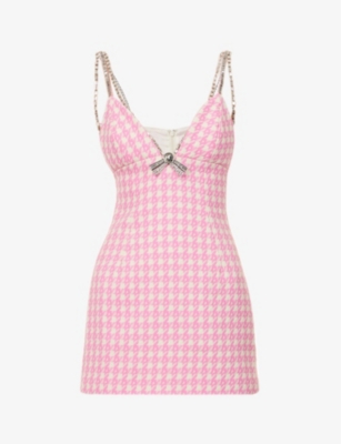 Area Crystal-embellished Houndstooth Wool-blend Tweed Mini Dress In Pink Multi