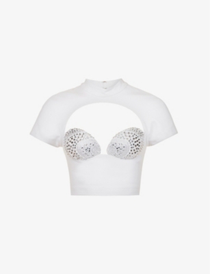 AREA AREA WOMEN'S WHITE RHINESTONE-EMBELLISHED CUT-OUT STRETCH-WOVEN TOP,63539708