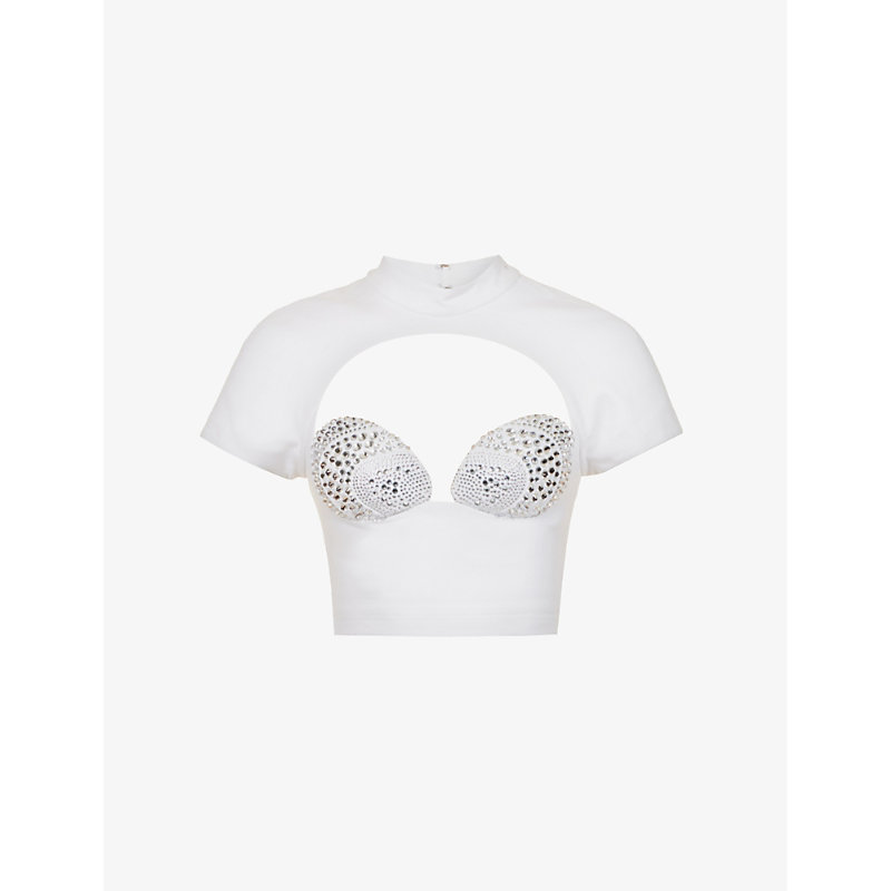 AREA AREA WOMEN'S WHITE RHINESTONE-EMBELLISHED CUT-OUT STRETCH-WOVEN TOP,63539708