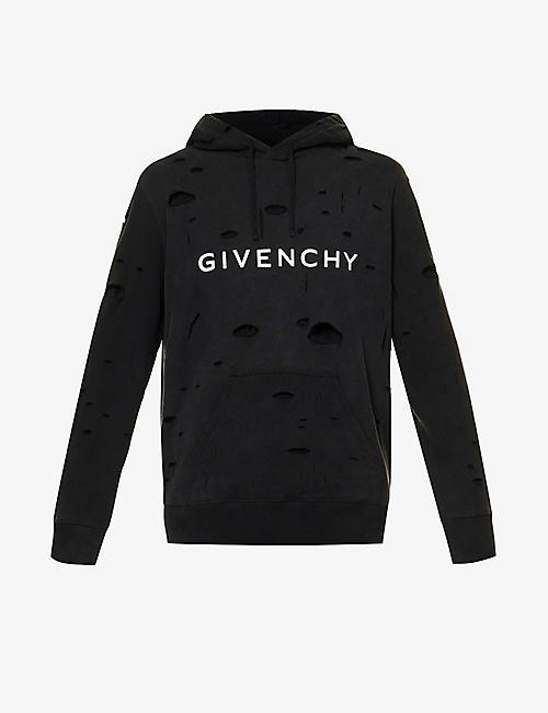 GIVENCHY: Logo-print distressed cotton-jersey hoody