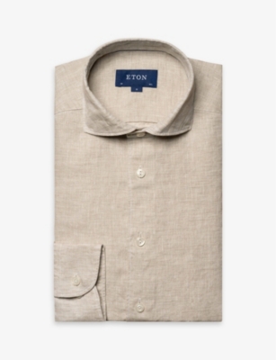 Eton Mens Beige Casual Spread-collar Linen Shirt