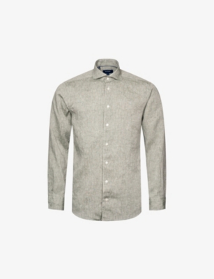 Eton Mens Mid Green Casual Spread-collar Linen Shirt