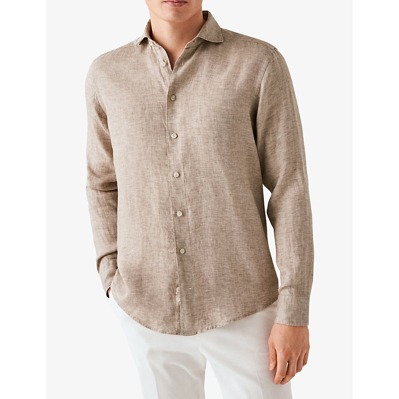 Shop Eton Mens Dark Brown Slim-fit Linen-twill Shirt In Cream