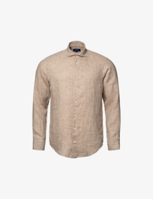 Eton Mens Dark Brown Slim-fit Linen-twill Shirt In Cream