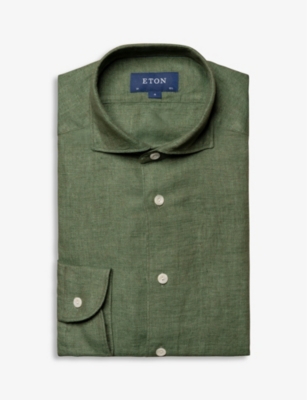 Shop Eton Men's Dark Green Long-sleeved Single-cuff Regular-fit Linen Shirt