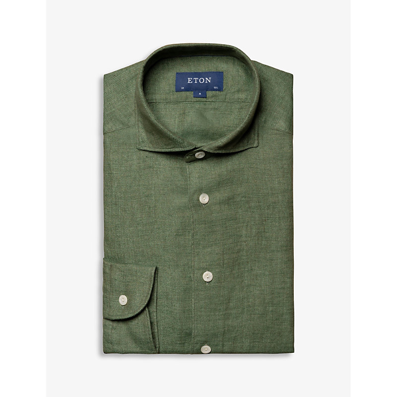 Shop Eton Men's Dark Green Long-sleeved Single-cuff Regular-fit Linen Shirt