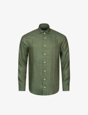 Eton Mens Dark Green Long-sleeved Contemporary-fit Linen-twill Shirt