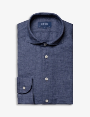 Shop Eton Men's Navy Blue Long-sleeved Single-cuff Regular-fit Linen Shirt